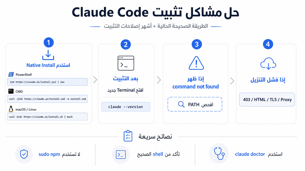 Claude Code installation troubleshooting guide for Native Install, PATH, command not found, and download errors